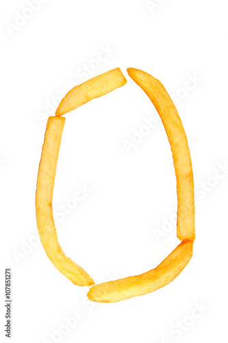 O alphabet letter from French fries on the white