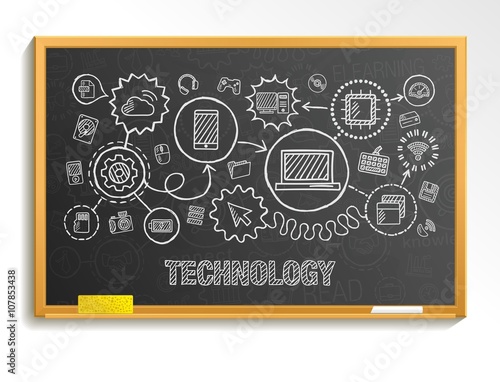 Technology hand draw integrate icons set on school board. Vector sketch infographic illustration. Connected doodle pictograms, internet, digital, market, media, computer, network interactive concept