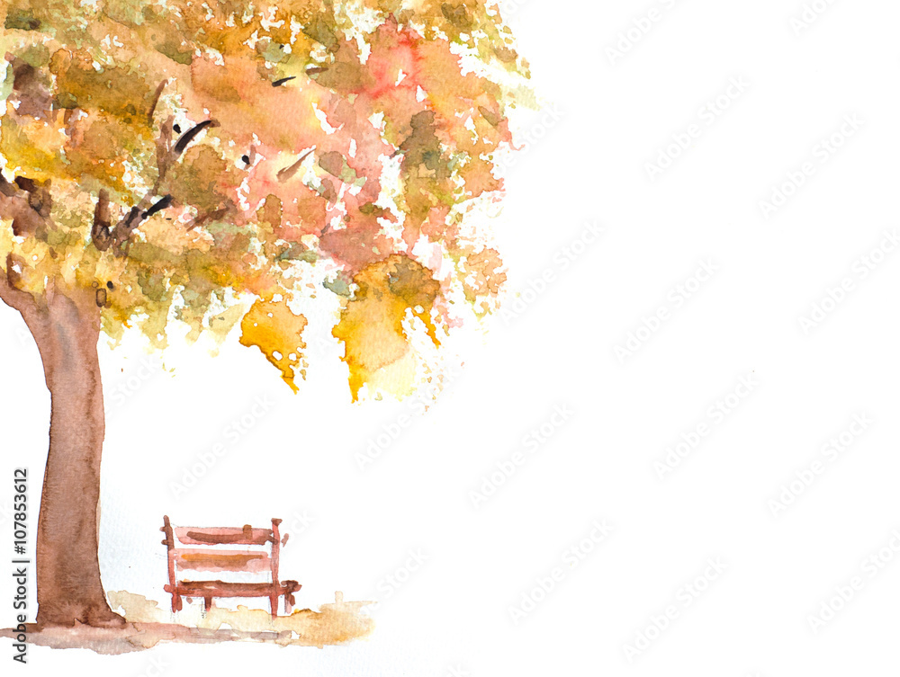 Fototapeta premium Autumn tree with wooden bench