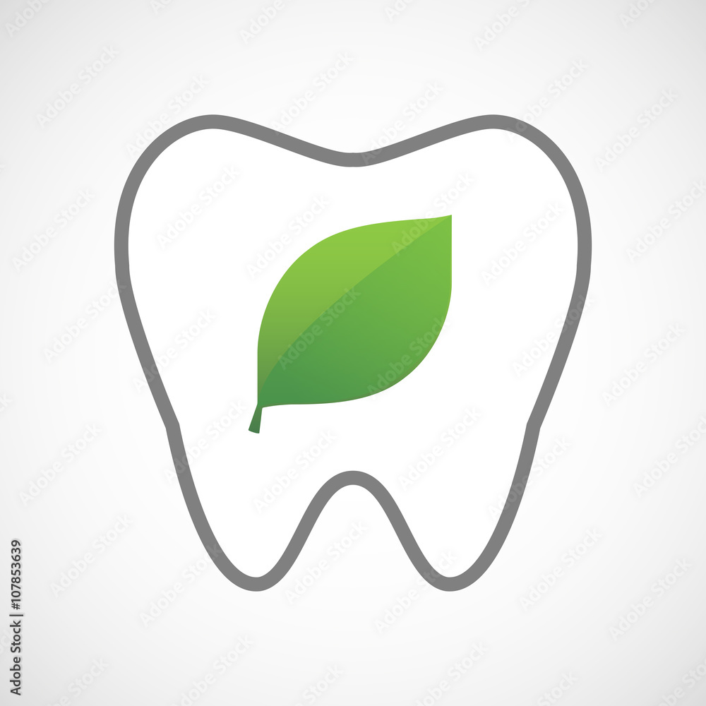Line art tooth icon with a green leaf Line art tooth icon with a green leaf