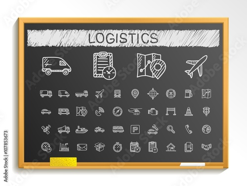 Logistic hand drawing line icons. Vector doodle pictogram set. chalk sketch sign illustration on blackboard with hatch symbols, ship, truck, mobile, transport, shipping.