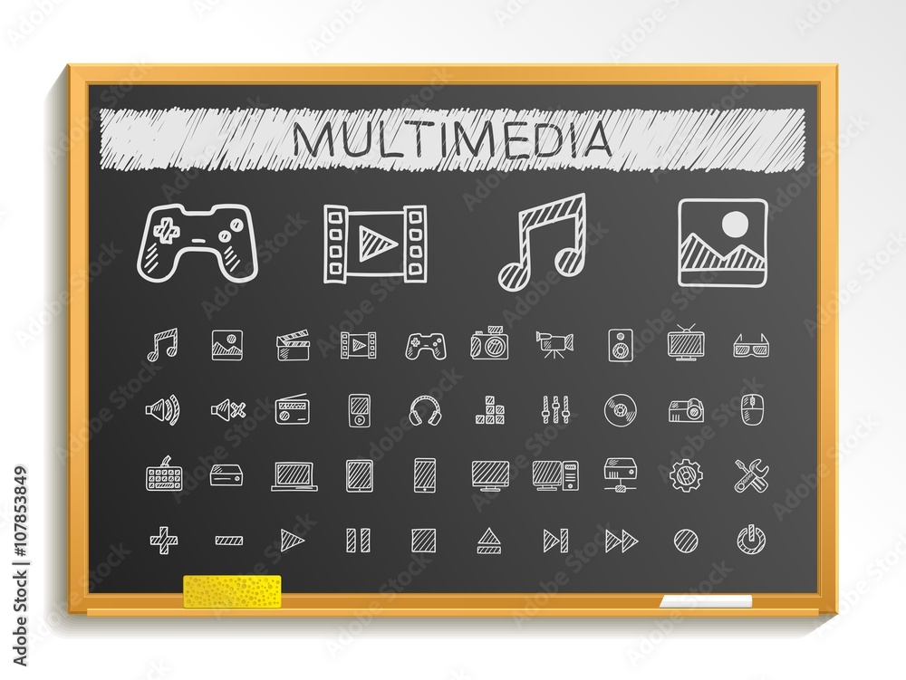 Media hand drawing line icons. Vector doodle pictogram set. chalk sketch sign illustration on blackboard with hatch symbols, buttons, camera, tv, laptop, joystick, movie, device, tablet Media hand drawing line icons. Vector doodle pictogram set. chalk sketch sign illustration on blackboard with hatch symbols, buttons, camera, tv, laptop, joystick, movie, device, tablet