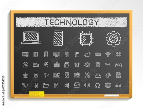 Technology hand drawing line icons. Vector doodle pictogram set. chalk sketch sign illustration on blackboard with hatch symbols, network, digital, internet, computer, laptop, social media, cloud
