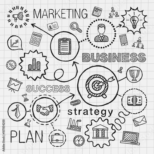 Business connected hand draw icons. Vector sketch infographic integrated doodle illustration for strategy, service, analytics, research, digital marketing, interactive concepts. Hatch pictograms set.