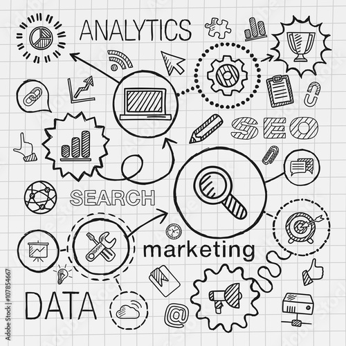 SEO hand draw integrated icons set. Vector sketch infographic illustration with line connected doodle hatch pictograms on paper. marketing, network, analytics, technology, optimize, services concepts