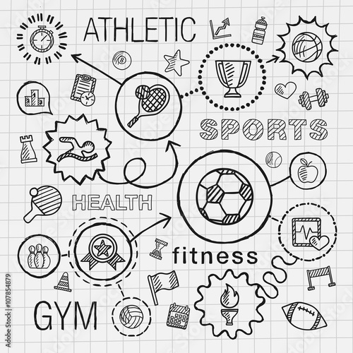 Sport hand draw integrated icons set. Vector sketch infographic illustration with line connected doodle hatch pictogram on school paper. competition, ball, play, soccer, tennis, cup sign, game concept