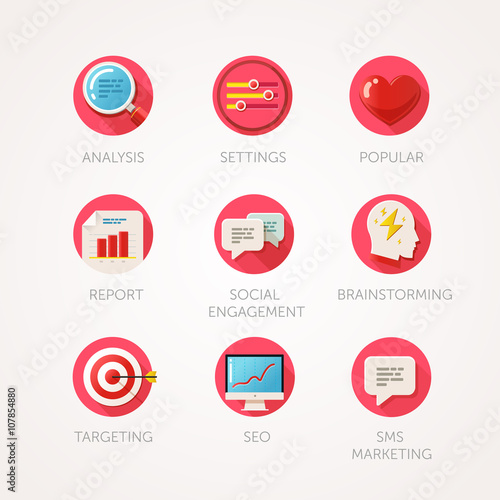 Marketing agency icons set. Modern flat colored illustrations. Web industry objects and marketing items related icons. 