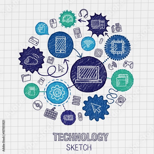 Technology hand drawing integrated sketch icons. Vector doodle interactive pictogram set. Connected infographic illustration on paper. digital, internet, network, communicate, media, global concepts