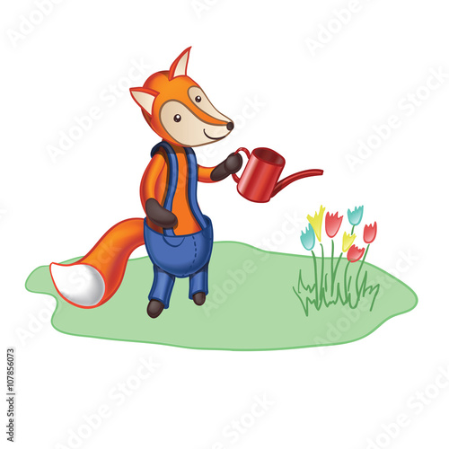 Cartoon fox in trousers watering flowers