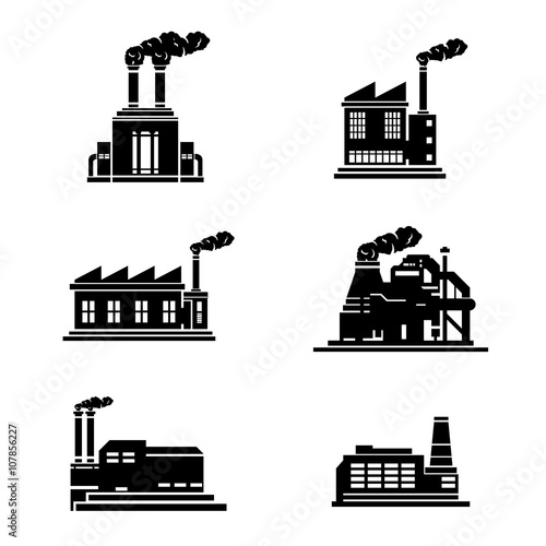 A vector illustration of heavy industry building icons. 
Industrial Factories icon set illustration silhouette. 
