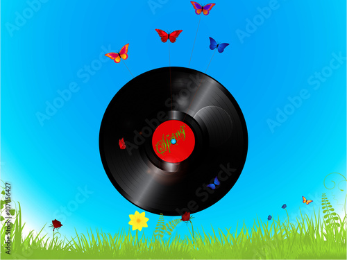 Vinyl record and butterflies background