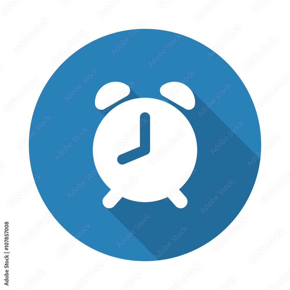 Flat white Alarm Clock web icon with long drop shadow on blue ci Flat white Alarm Clock web icon with long drop shadow on blue ci