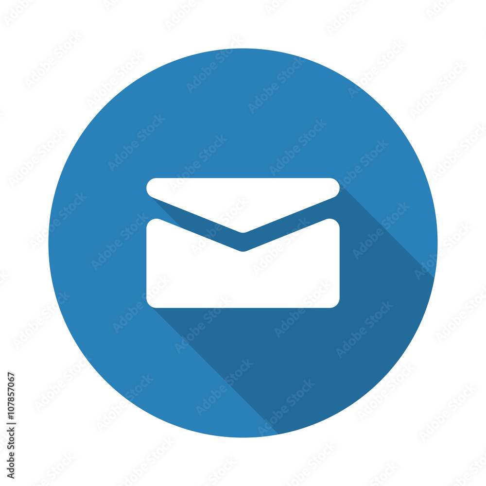 Flat white Mail web icon with long drop shadow on blue circle Flat white Mail web icon with long drop shadow on blue circle