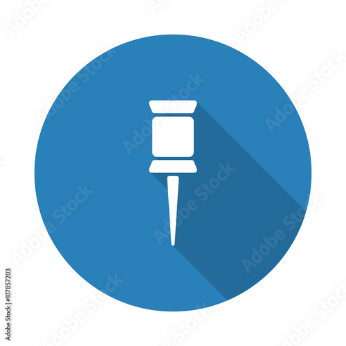 Flat white Pushpin web icon with long drop shadow on blue circle