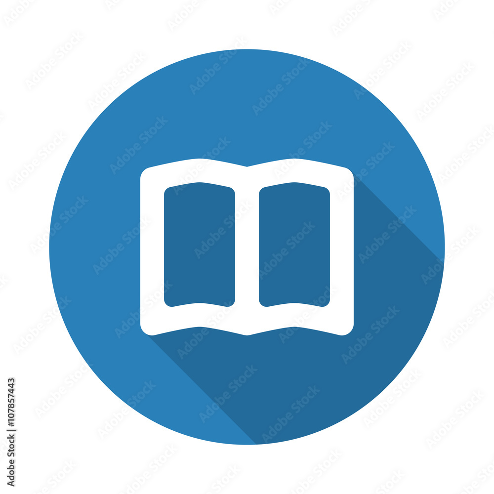 Flat white Book web icon with long drop shadow on blue circle Flat white Book web icon with long drop shadow on blue circle