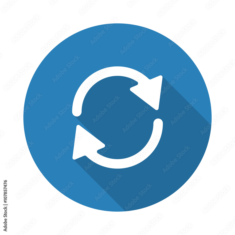 Flat white Refresh web icon with long drop shadow on blue circle Flat white Refresh web icon with long drop shadow on blue circle