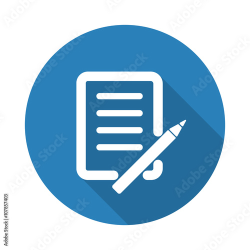 Flat white Pen And Paper web icon with long drop shadow on blue