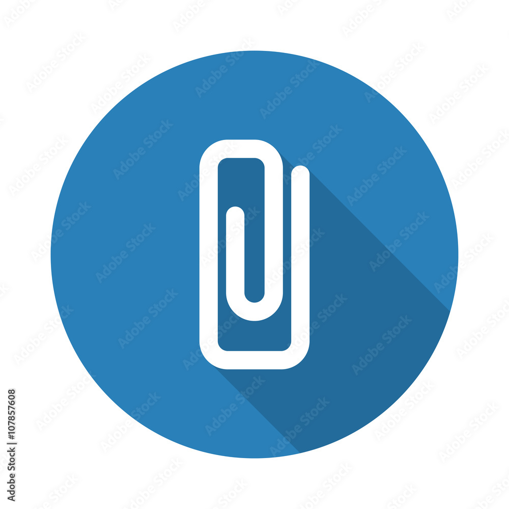 Flat white Paper Clip web icon with long drop shadow on blue cir Flat white Paper Clip web icon with long drop shadow on blue cir
