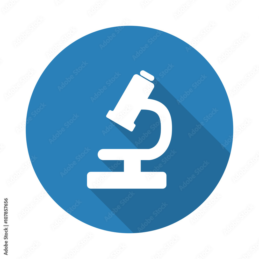 Flat white Microscope web icon with long drop shadow on blue cir Flat white Microscope web icon with long drop shadow on blue cir