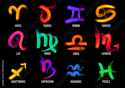 Set of hand drawn acrylic brush zodiac signs. Vector illustratio photo
