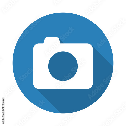 Flat white Camera web icon with long drop shadow on blue circle