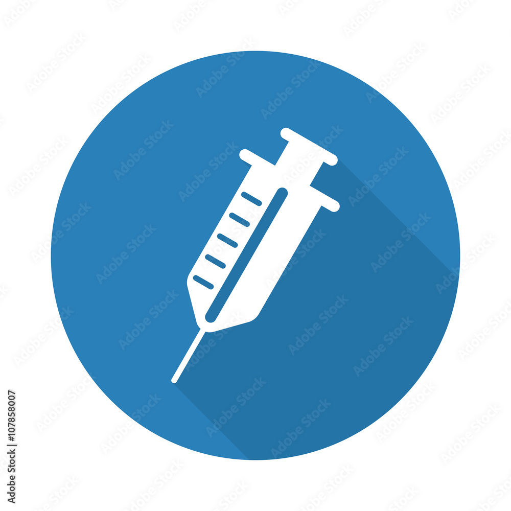 Flat white Syringe web icon with long drop shadow on blue circle Flat white Syringe web icon with long drop shadow on blue circle