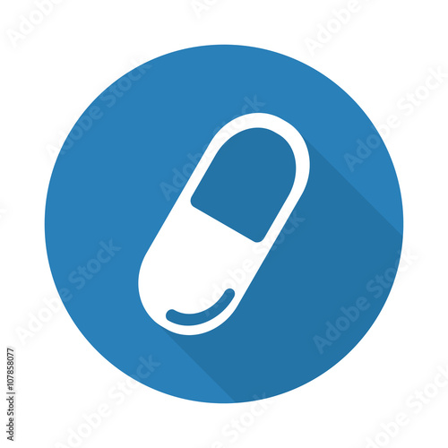 Flat white Pill web icon with long drop shadow on blue circle