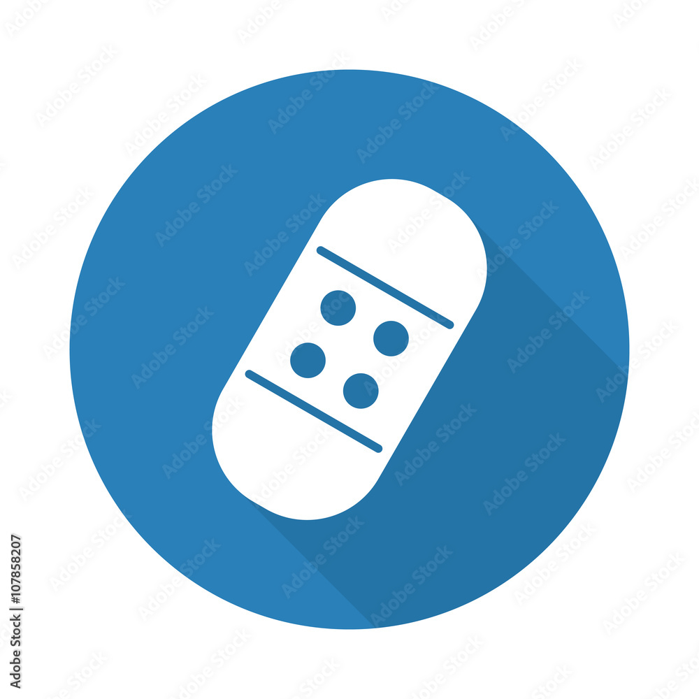 Flat white medical bandage with drop shadow on blue circlel Flat white medical bandage with drop shadow on blue circlel