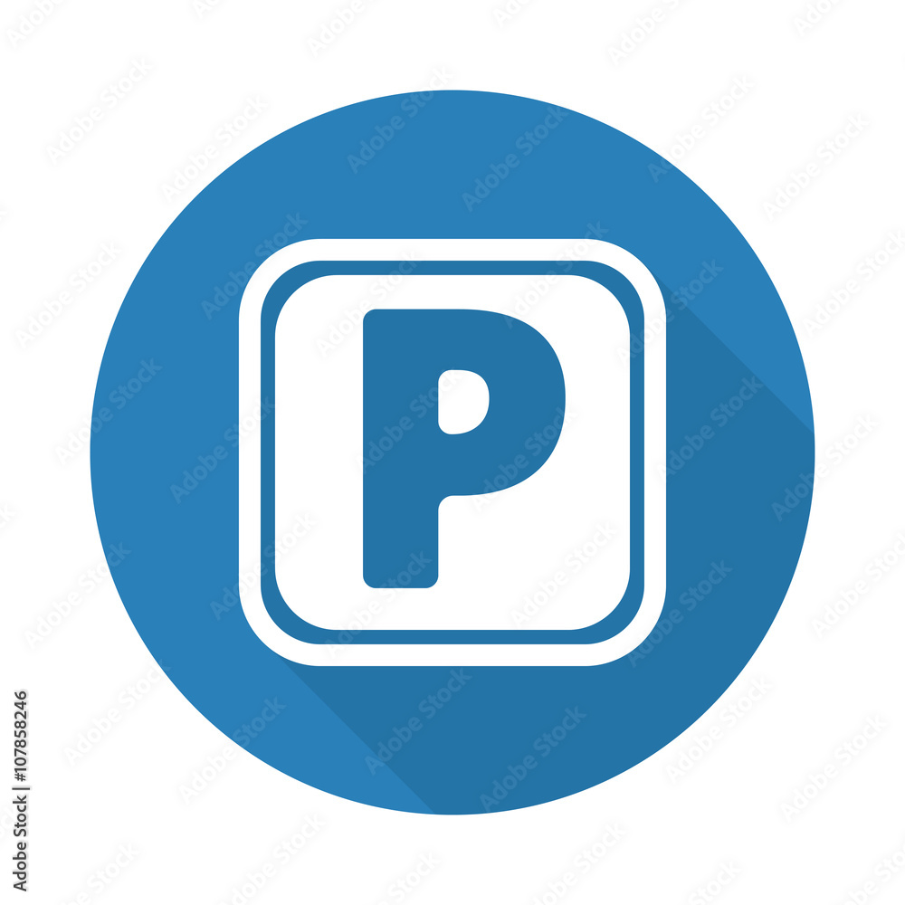 Flat white Parking web icon with long drop shadow on blue circle Flat white Parking web icon with long drop shadow on blue circle
