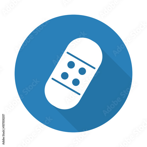 Flat white medical bandage with drop shadow on blue circlel