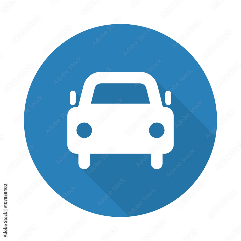 Flat white Car web icon with long drop shadow on blue circle Flat white Car web icon with long drop shadow on blue circle