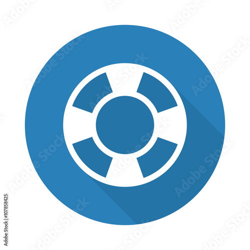 Flat white Life Buoy web icon with long drop shadow on blue circ