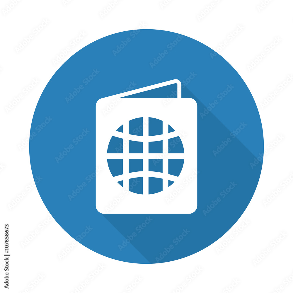 Flat white Passport web icon with long drop shadow on blue circl Flat white Passport web icon with long drop shadow on blue circl