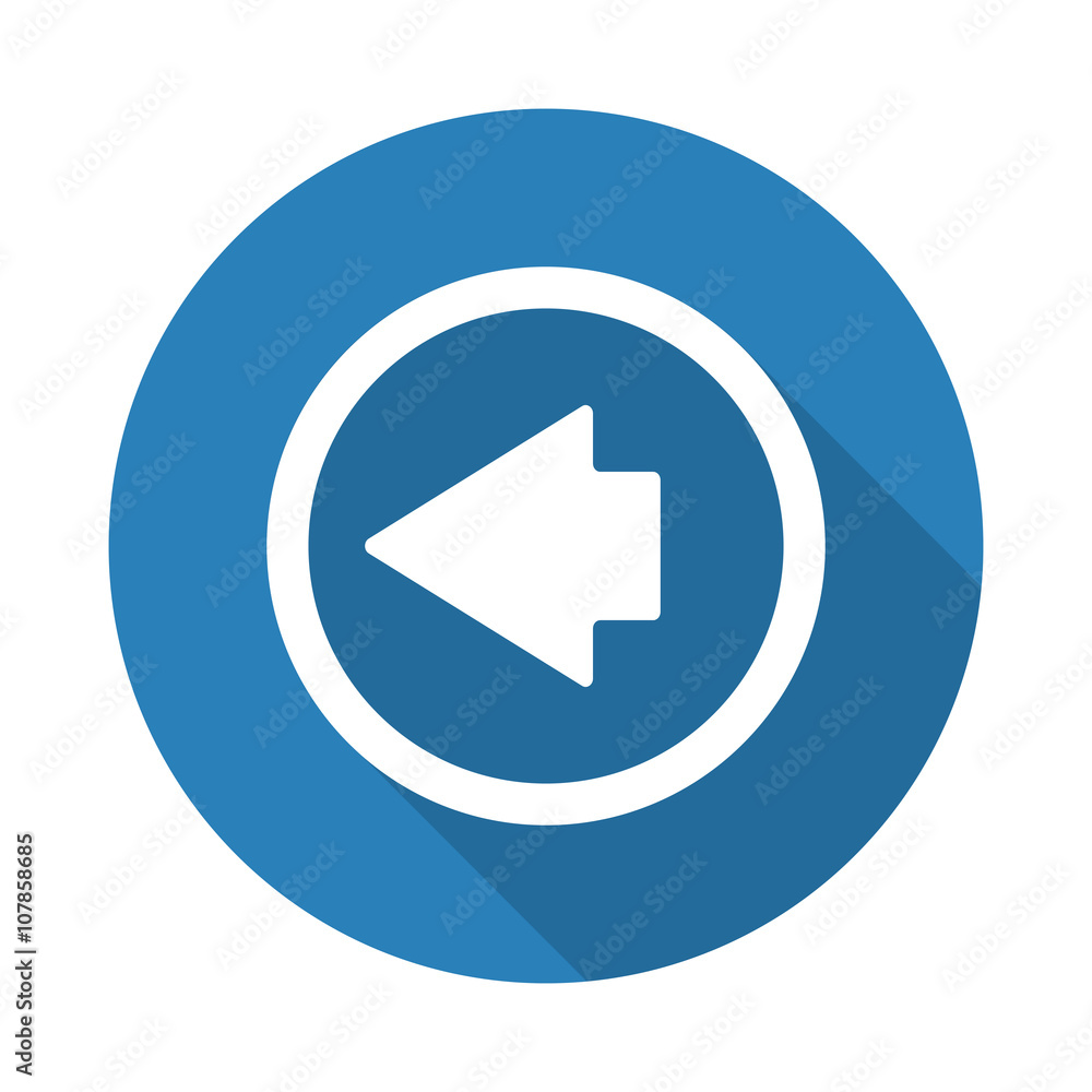 Flat white Arrow Left web icon with long drop shadow on blue cir Flat white Arrow Left web icon with long drop shadow on blue cir