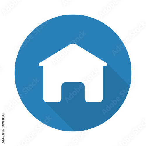 Flat white Home web icon with long drop shadow on blue circle