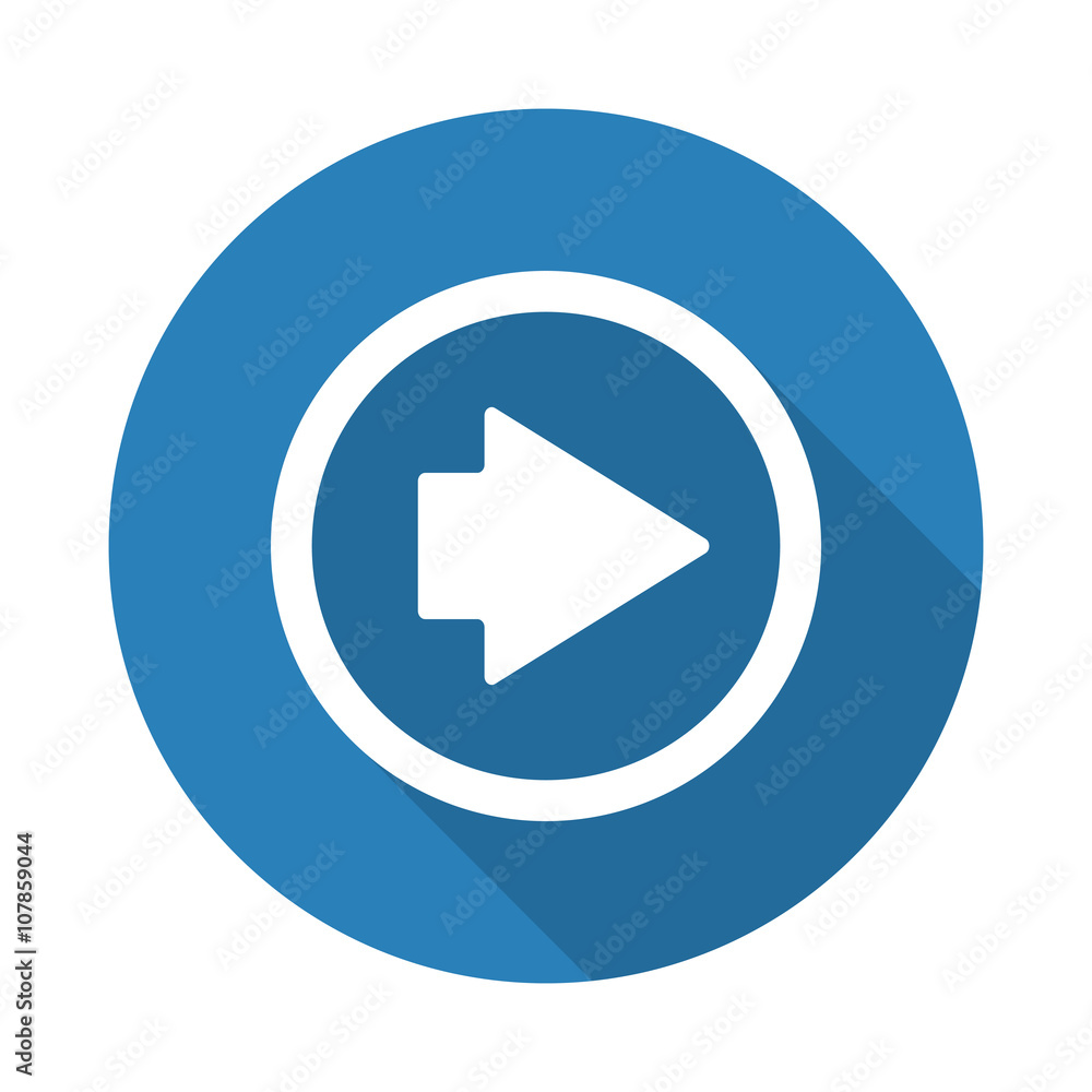 Flat white Arrow Right web icon with long drop shadow on blue ci Flat white Arrow Right web icon with long drop shadow on blue ci