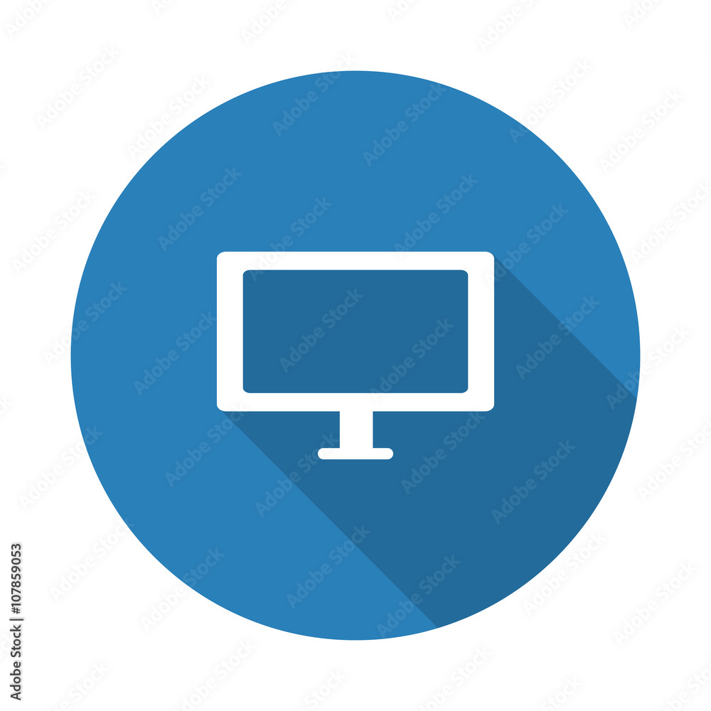 Flat white Computer Screen web icon with long drop shadow on blu Flat white Computer Screen web icon with long drop shadow on blu