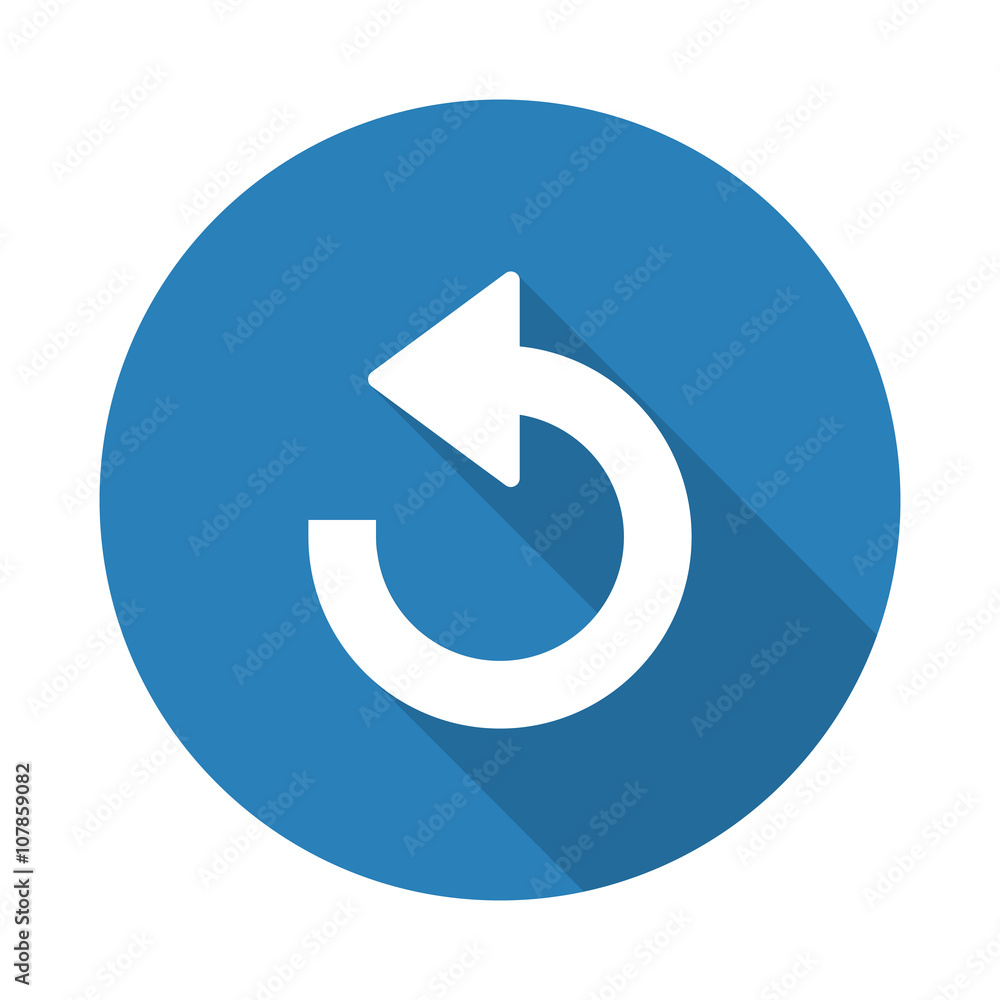 Flat white Undo web icon with long drop shadow on blue circle Flat white Undo web icon with long drop shadow on blue circle