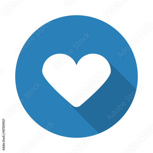 Flat white Heart web icon with long drop shadow on blue circle