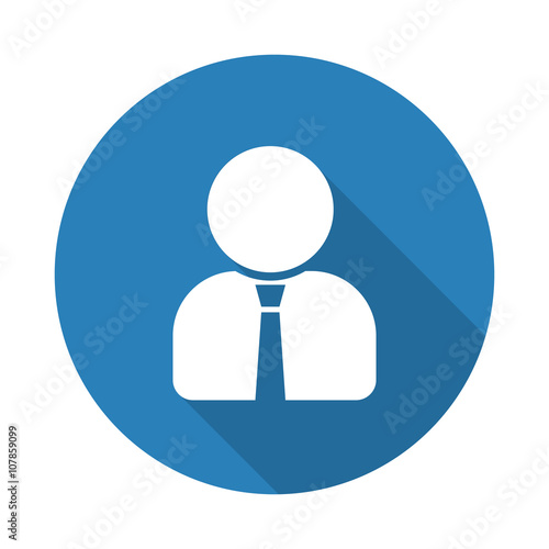 Flat white User Profile web icon with long drop shadow on blue c