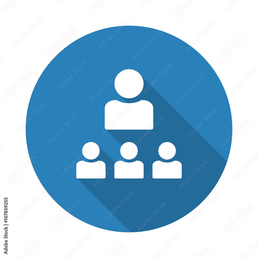 Flat white Organization web icon with long drop shadow on blue c Flat white Organization web icon with long drop shadow on blue c
