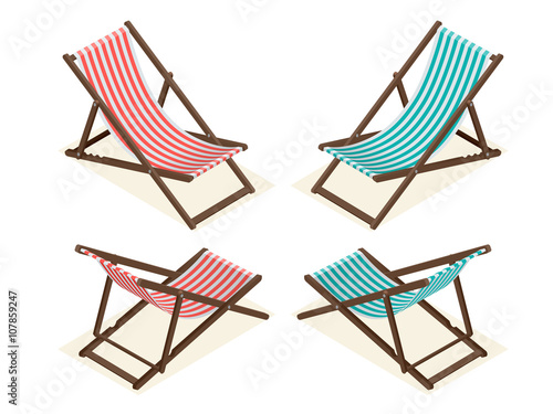 Beach chairs isolated on white background. Wooden beach chaise longue Flat 3d isometric vector illustration.