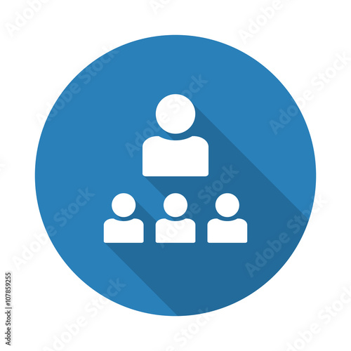 Flat white Organization web icon with long drop shadow on blue c