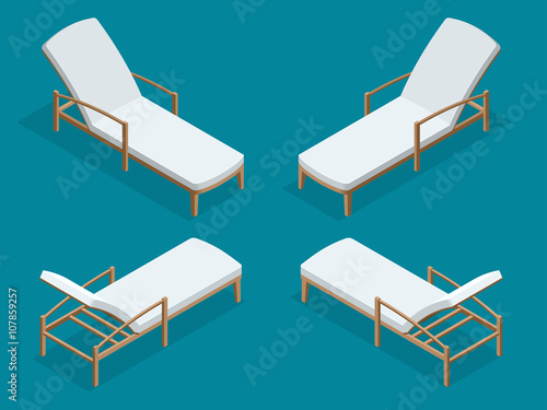 Beach chairs isolated on blue background. Wooden beach chaise longue Flat 3d isometric vector illustration.