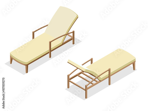 Beach chairs isolated on blue background. Wooden beach chaise longue Flat 3d isometric vector illustration.