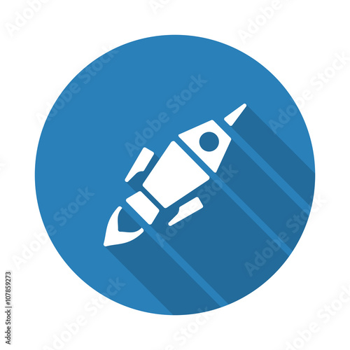 Flat white Rocket Launch web icon with long drop shadow on blue