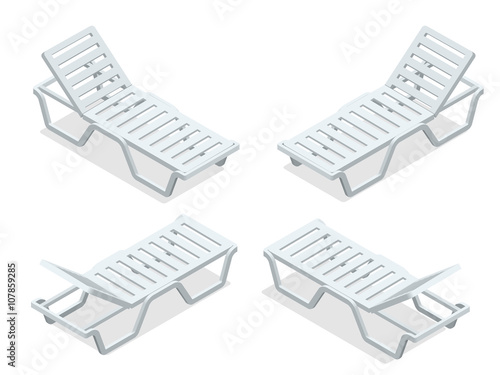 Beach chairs isolated on white background. Plastic beach chaise longue Flat 3d isometric illustration.