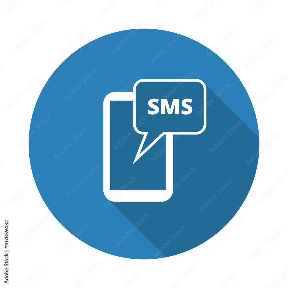 Flat white Sms web icon with long drop shadow on blue circle Flat white Sms web icon with long drop shadow on blue circle