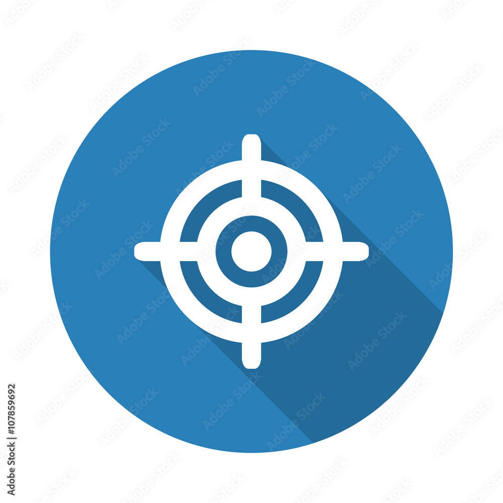 Flat white Target web icon with long drop shadow on blue circle Flat white Target web icon with long drop shadow on blue circle