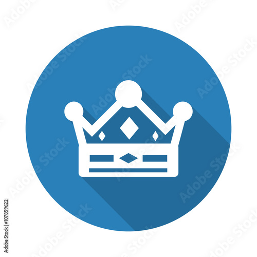 Flat white Crown web icon with long drop shadow on blue circle
